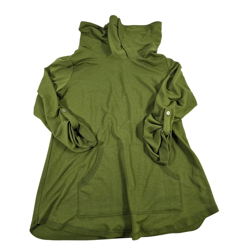 Soft Surroundings Green Hooded Pullover Tunic Top Womens Size S Roll Tab Sleeves